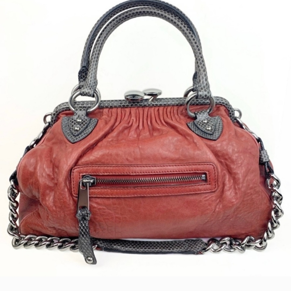 Marc Jacobs Deep Red Leather Snakeskin Trim Chain Strap Handbag